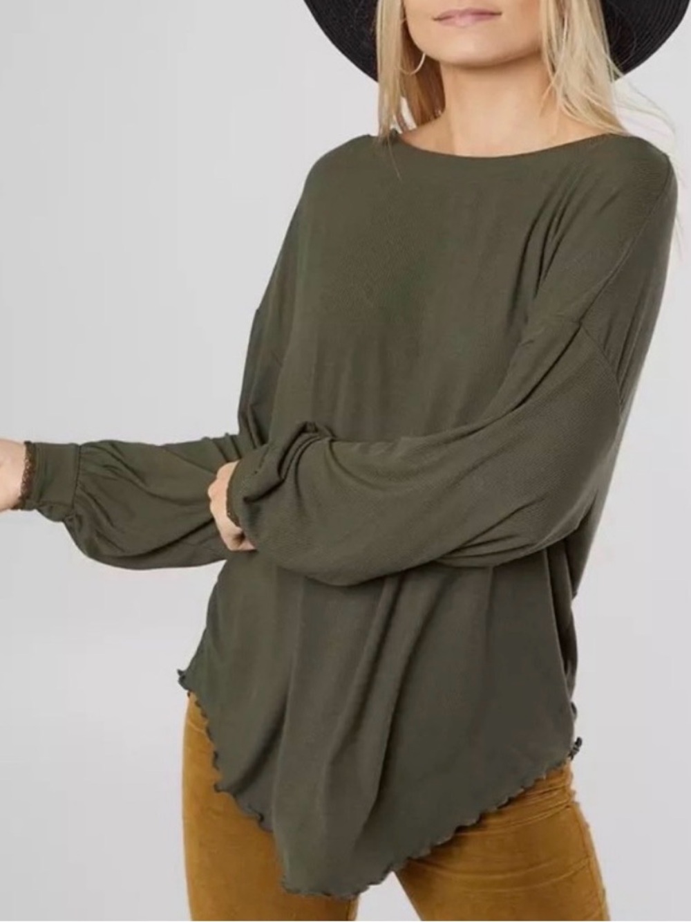 #305 FREE PEOPLE Shimmy Shake Olive Green Boatneck L/S Tunic w Twist Back S